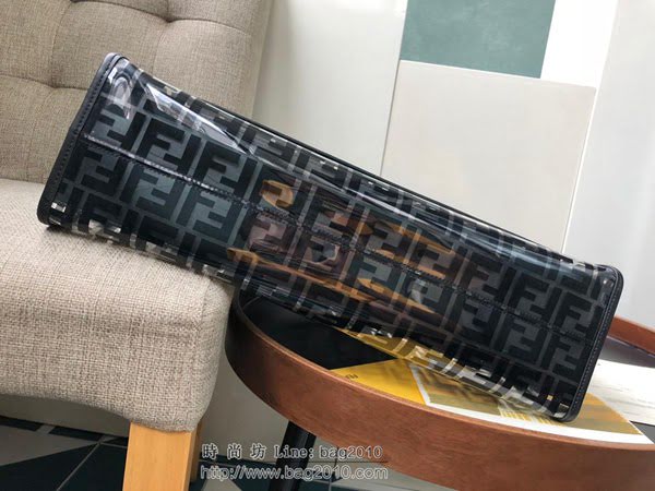 FENDI女包 頂級大號透明手提袋 橢圓形硬手柄 黑色FF圖案 芬迪女手提包 可斜跨  fdz2173